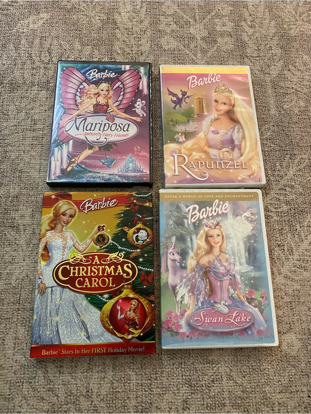 Lot of 4 Barbie DVDs Rapunzel, Swan Lake, Mariposa, Christmas Carol